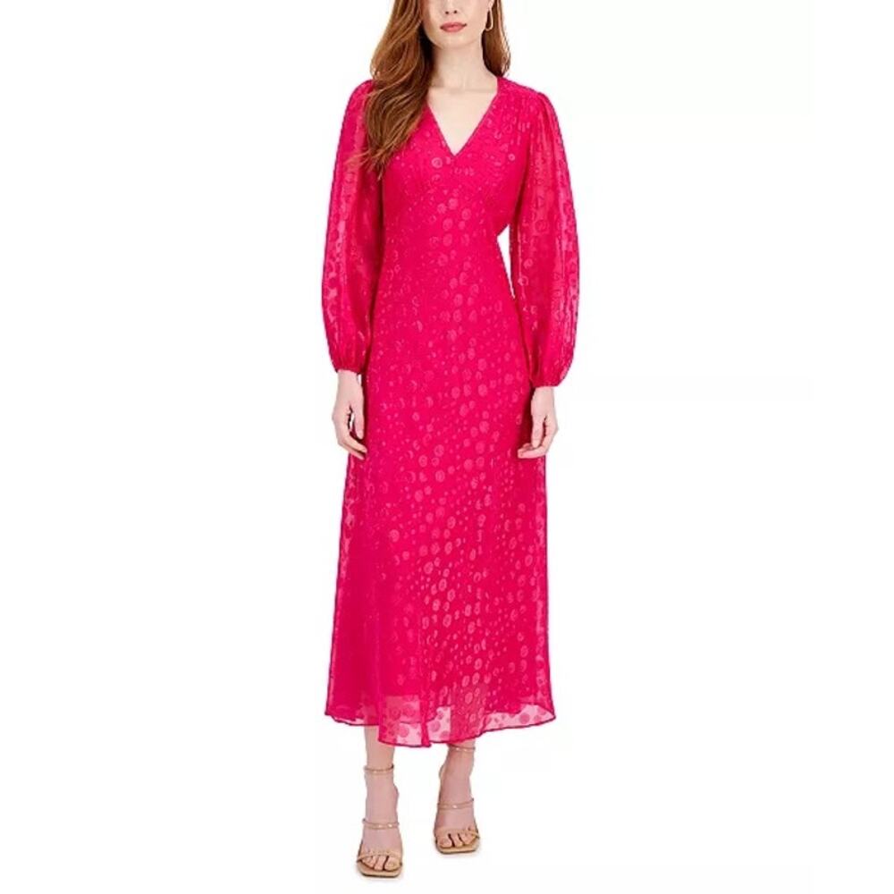 Taylor Pinkolious Chiffon Clip-Dot V-Neck Long Balloon Sleeve Maxi Dress 6 NWT